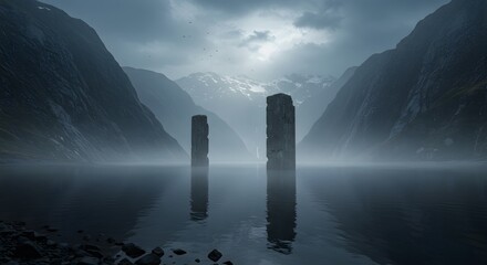 Misty lake surrounded by mountains with stone pillars reflecting in the water surface