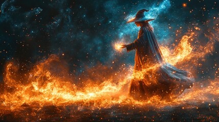 A sorceress walks through fiery flames at night