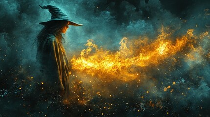 A sorceress conjures fiery magic