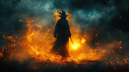 A dark sorceress stands amidst a fiery landscape