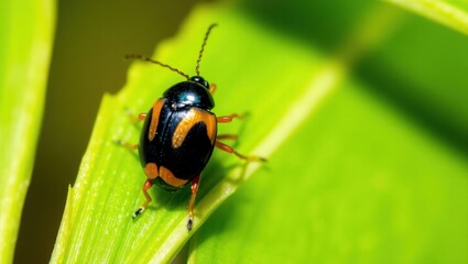 Fototapeta premium Colorful Leaf Beetle on Green Blade of Grass Close-Up
