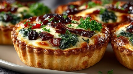 Delicious Mini Quiches with Crispy Pastry Melted Cheese and Fresh Herbs  Perfect for Caterin