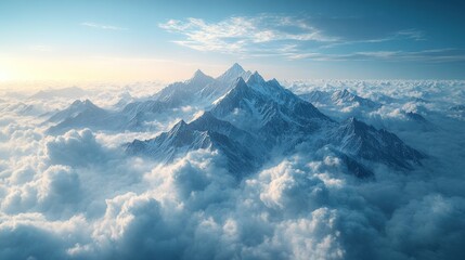 Majestic mountain peaks piercing through a sea of clouds.  Sunrise paints the scene