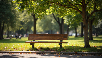 Wooden bench under green trees in sunny park