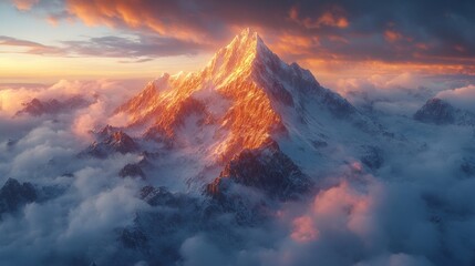 Majestic mountain peak bathed in golden sunset light, clouds swirling around it