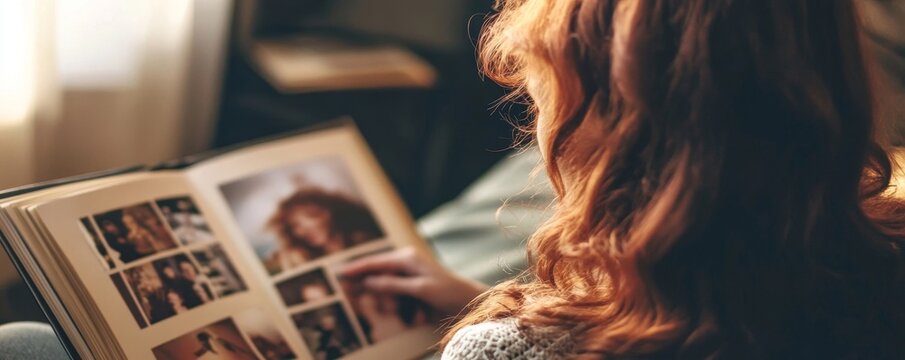 A woman with red hair looks through a photo album filled with memories and past experiences indoors