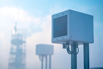 Close up of outdoor air quality monitoring stations with blue sky and hazy background view outside