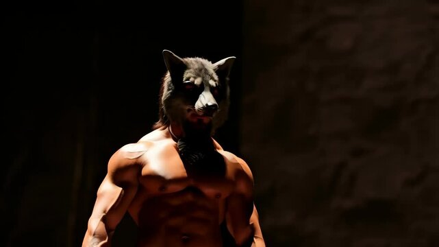 Intense muscular man wearing a wolf mask stands in dark shadows illuminated by dramatic lighting, evoking fantasy and horror