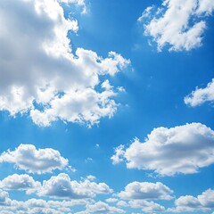 Fototapeta premium Fluffy white cumulus clouds drift across a bright azure blue sky, creating a serene and clear nature background under a sunny atmosphere