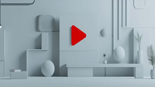 Play button on a modern, gray interior design.