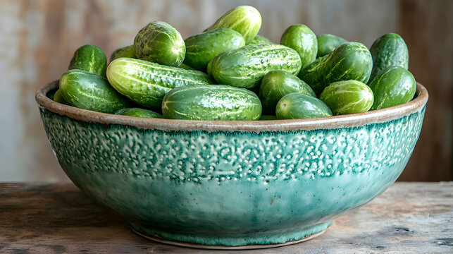 Pepinillo, Pickle whole pickles stacked in rustic ceramic bowl, light pale background