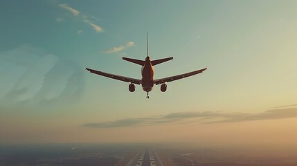 Airplane Silhouette Ascending into Evening Sky Above Runaway with Pixelated Digital Art Style