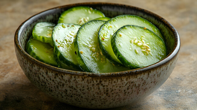 Pepinillo, Pickle whole pickles stacked in rustic ceramic bowl, light pale background