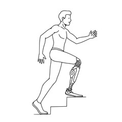 Disabled man using prosthetic leg while climbing stairs Simple Vector Outline in minimalistic black and white design