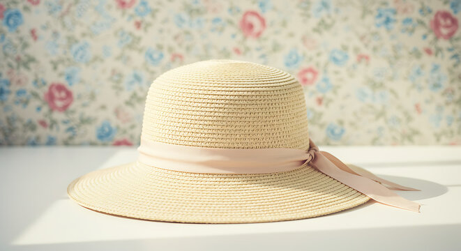 One straw sunhat with ribbon, isolated on vintage floral background