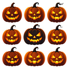 Spooky Halloween pumpkins with glowing faces, isolated on transparent background