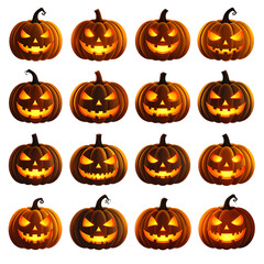 A collection of sixteen jack-o-lantern pumpkins with different carved faces and glowing lights inside, isolated on transparent background
