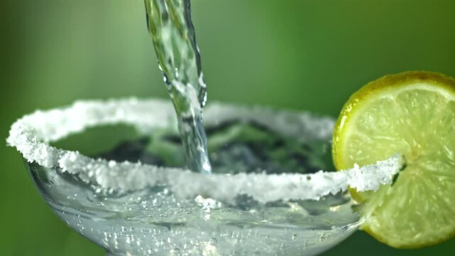 A margarita cocktail is poured into a glass. Filmed on a high-speed camera at 1000 fps. High quality FullHD footage