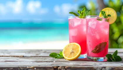 Obraz premium Two glasses of pink lemonade resting on a wooden beach bar table, with a stunning view of a tropical shoreline in the background