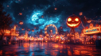 Nightfall carnival, glowing jack-o'-lanterns, spooky ambiance
