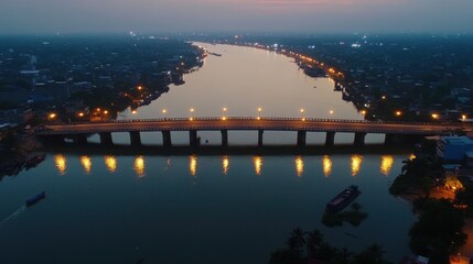 Fototapeta premium Night Lights River Bridge Panorama