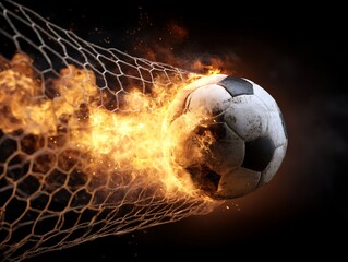 Fototapeta premium Flaming Soccer Ball Entering Net