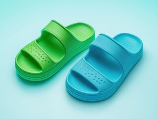 Two vibrant, comfortable slip-on sandals in green and blue