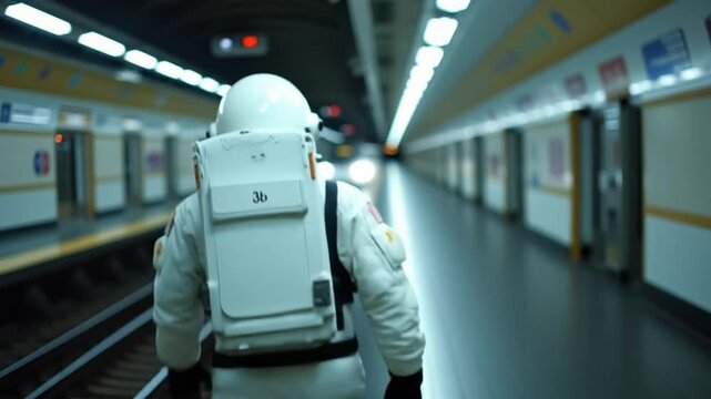 Astronaut at underground metro subway