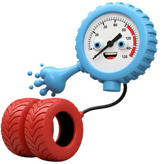 A blue and white cartoon tire gauge with a face is shown checking the pressure of two red tires, indicating automotive maintenance.