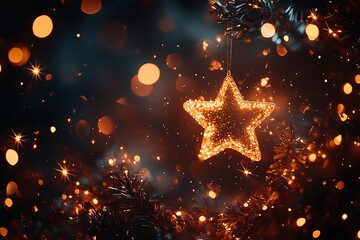 A Glimmering Star Ornament Hanging on a Christmas Tree