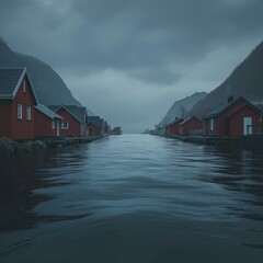 Obraz premium The calm fjord reflects the muted light of a cloudy day in Norway, showcasing the iconic red wooden houses lining the still waterway in a scenic landscape.