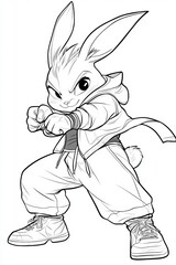 Fototapeta premium A dynamic cartoon rabbit character in urban attire, ready for action with a determined expression.