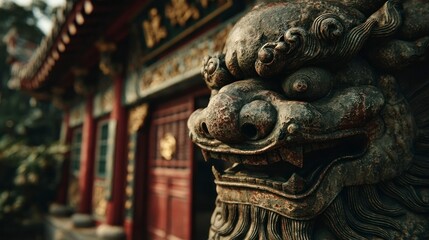 Intricate Stone Guardian Sculpture in Front of Traditional Architecture