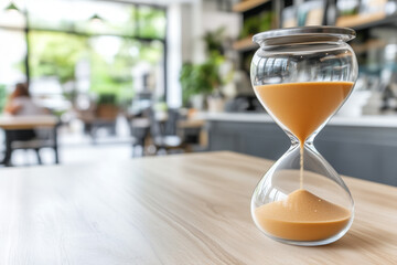 Hourglass Counting Down Time in a Cozy Caf&eacute; Setting with Soft Natural Light and Blurred Background