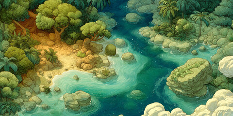 海に面した空想都市と壮大な建築群が広がる幻想世界の背景イラスト・美しい海辺の村・蒼い水辺・神殿・異世界旅行・冒険の始まり・クラシックファンタジー・幻想建築