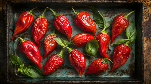 Pimientos del Piquillo, Piquillo Peppers vibrant roasted piquillo peppers on rustic tray, soft warm background