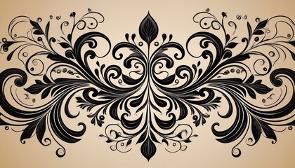 ornate black floral design with symmetrical swirls and leaves on beige background