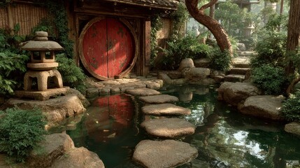 Tranquil Zen Garden Entrance with Stone Path and Pond