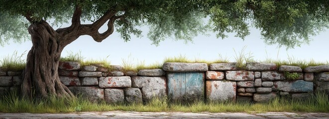Fototapeta premium Ancient stone wall under a large tree