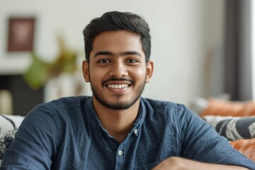 A young man with a beard smiling while sitting on a couch in a bright room with a painting on the wall