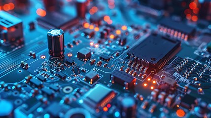 Fototapeta na wymiar Close Up View Of Computer Circuit Board With Electronic Components And Blue And Red Lights