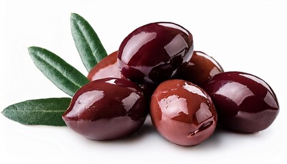 kalamata olives with leaves in closeup