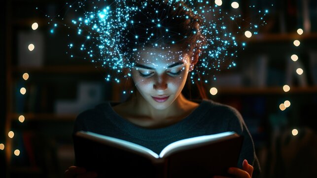 Illuminated Mind: A Woman Immersed in the World of Knowledge - Powered by Adobe