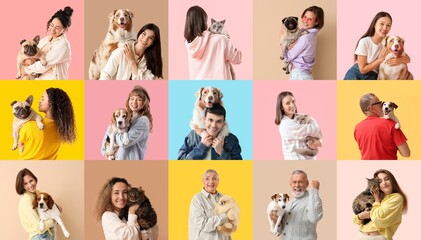 Group of happy owners with their domestic animals on color background © Pixel-Shot