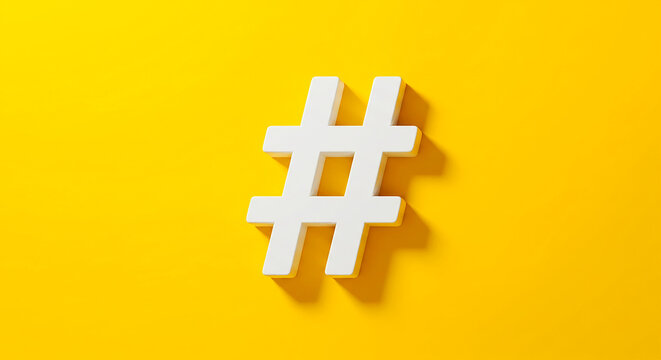 A white hashtag symbol casting a shadow on a bright yellow background in a simple studio shot