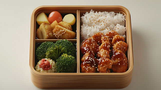 A dosirak (Korean bento box) with Dak-gangjeong (sweet and crispy fried chicken), white rice, broccoli, potato, and tomato.