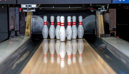 Bowling pins standing on wooden lane.