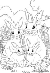 Fototapeta premium Easter Bunny Family Coloring Page – Cute Rabbits with Easter Eggs and Chick – Black and White Line Art for Kids Activities, Spring Crafts and Holiday Coloring Sheets