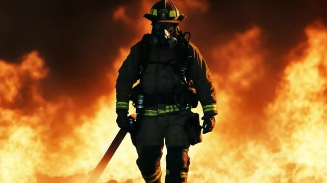 Courage Under Fire: A valiant firefighter fearlessly confronts the roaring flames, embodying bravery and dedication, poised to extinguish the inferno.