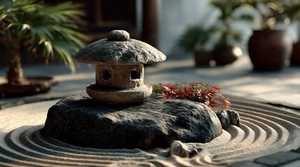 Tranquil Zen Garden with Stone Lantern and Raked Sand Serene Meditation Space for Peaceful Ref